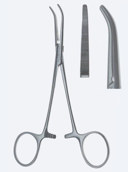 Зажими гемостатичні, "Dandy", делікатні, вигнуті вбік, зубчаті щелепи, з кремальєрою, загальна довжина 140 мм. Бренд - Asanus Medizintechnik Gmb, Німеччина